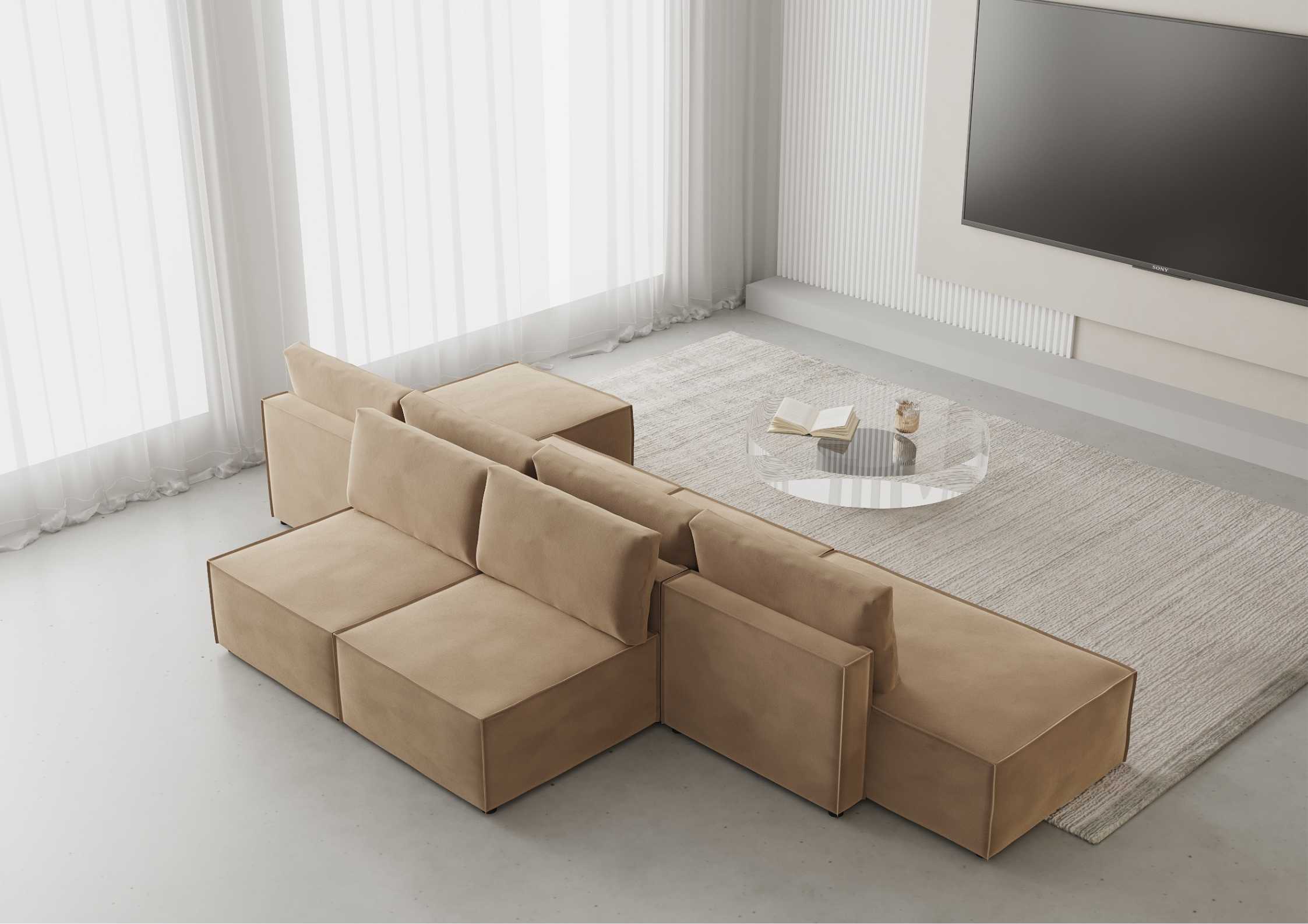 Beżowy narożnik obustronny modułowy z przeszyciami ZAKURA